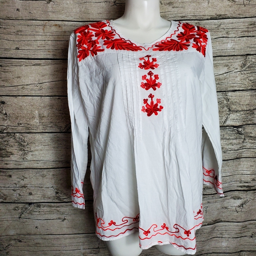 Chic Connection Embroidered Top White/Blue, Long sleeve, size 3XL, 100% Cotton.